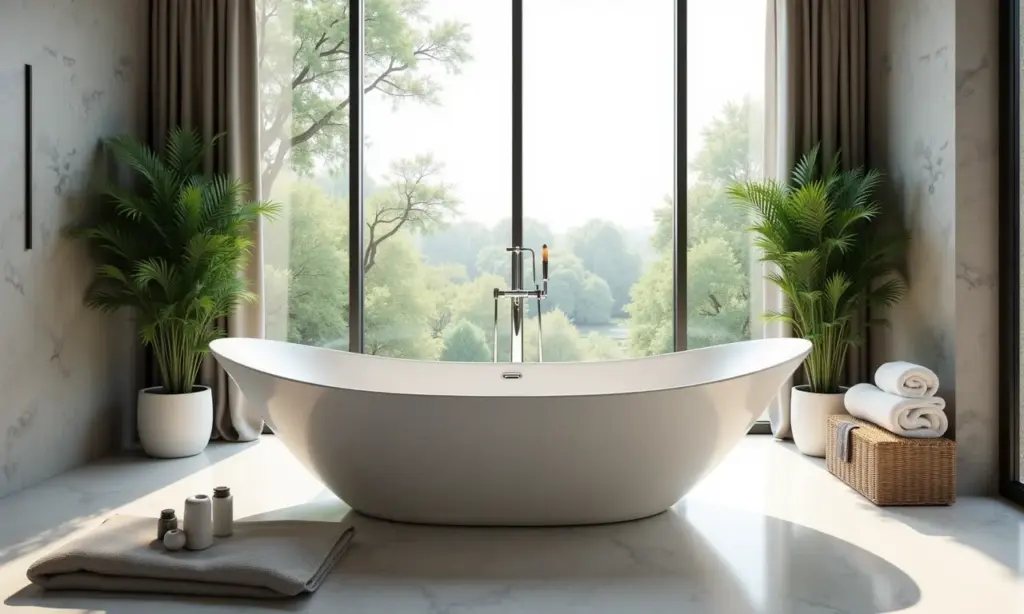 Banheira de hidromassagem moderna em um banheiro relaxante com luz natural e decoração inspiradora.