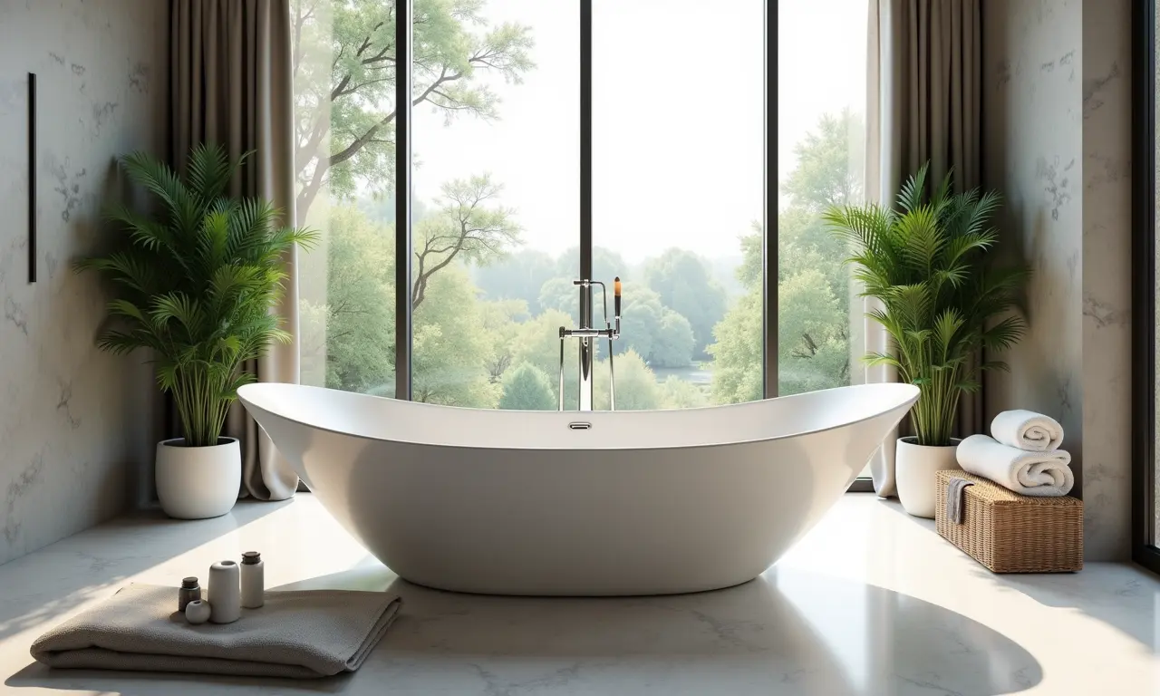 Banheira de hidromassagem moderna em um banheiro relaxante com luz natural e decoração inspiradora.