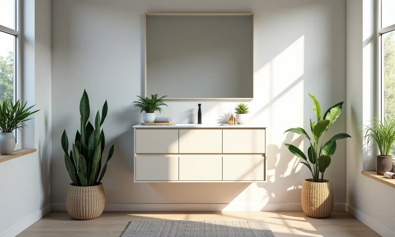 Banheiro acessível com armário simples e decoração econômica.