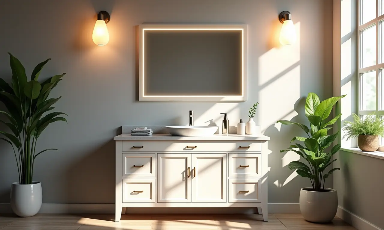 Banheiro bem iluminado com armário e luminárias modernas.