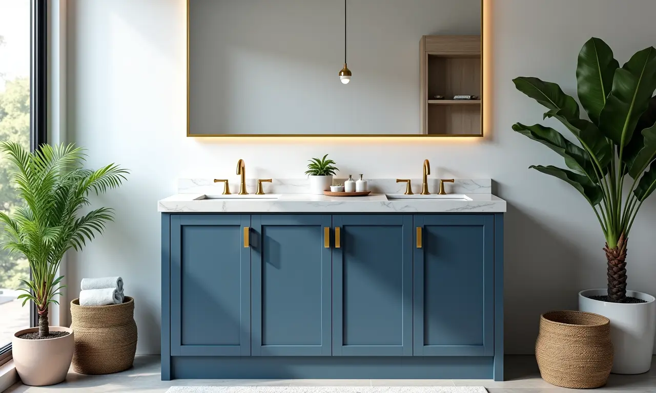 Banheiro com armário azul e detalhes dourados, acessórios estilosos.