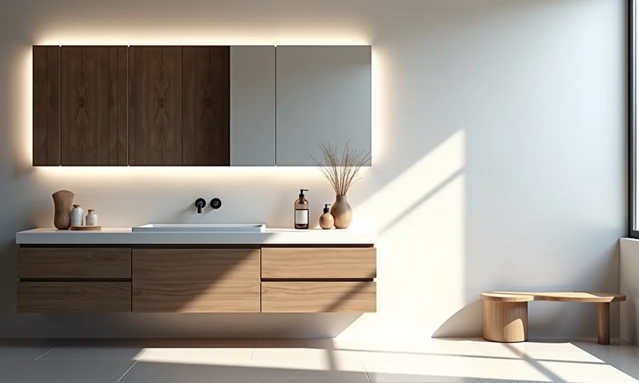 Banheiro com armário, espelho e iluminação integrados.