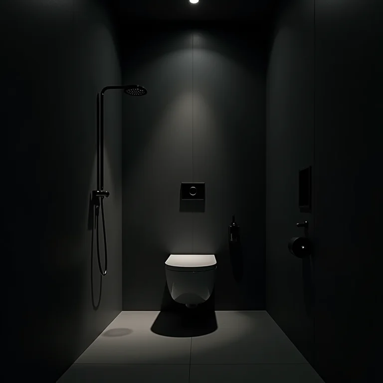 Banheiro com iluminação inadequada e sombras.