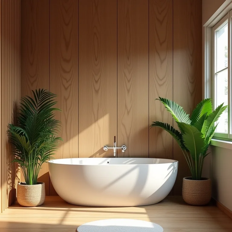 Banheiro com madeira e plantas para relaxamento.