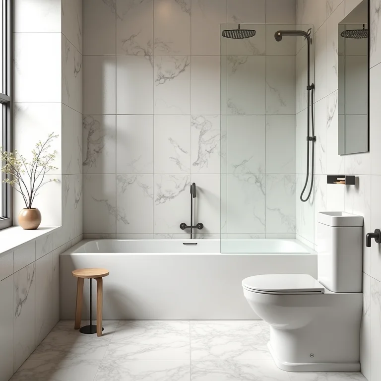 Banheiro com revestimentos inadequados e visualmente desagradáveis.