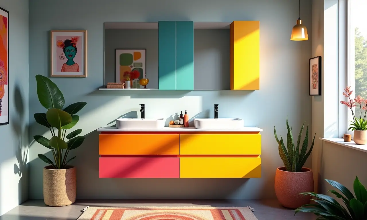 Banheiro contemporâneo com armário colorido e decoração vibrante.