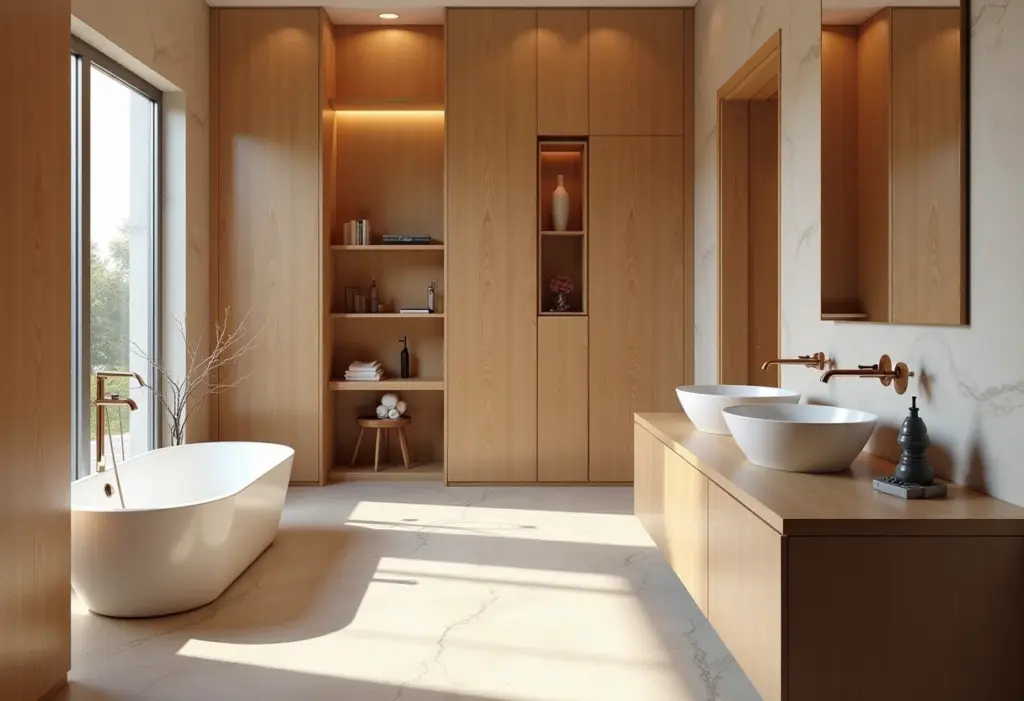 Banheiro elegante com detalhes em madeira.