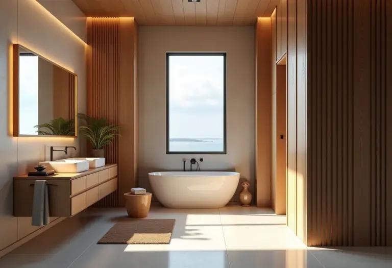 Banheiro elegante com detalhes em madeira