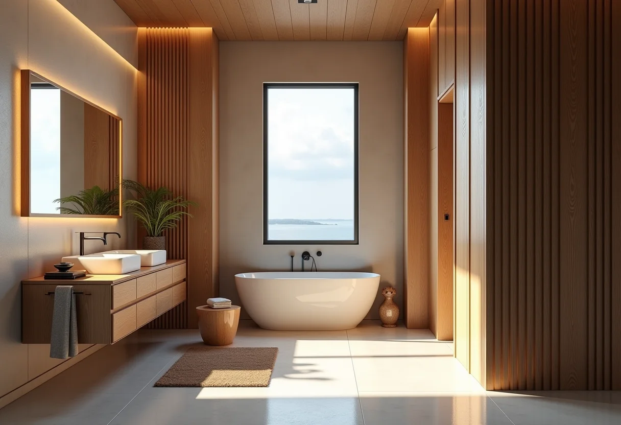 Banheiro elegante com detalhes em madeira