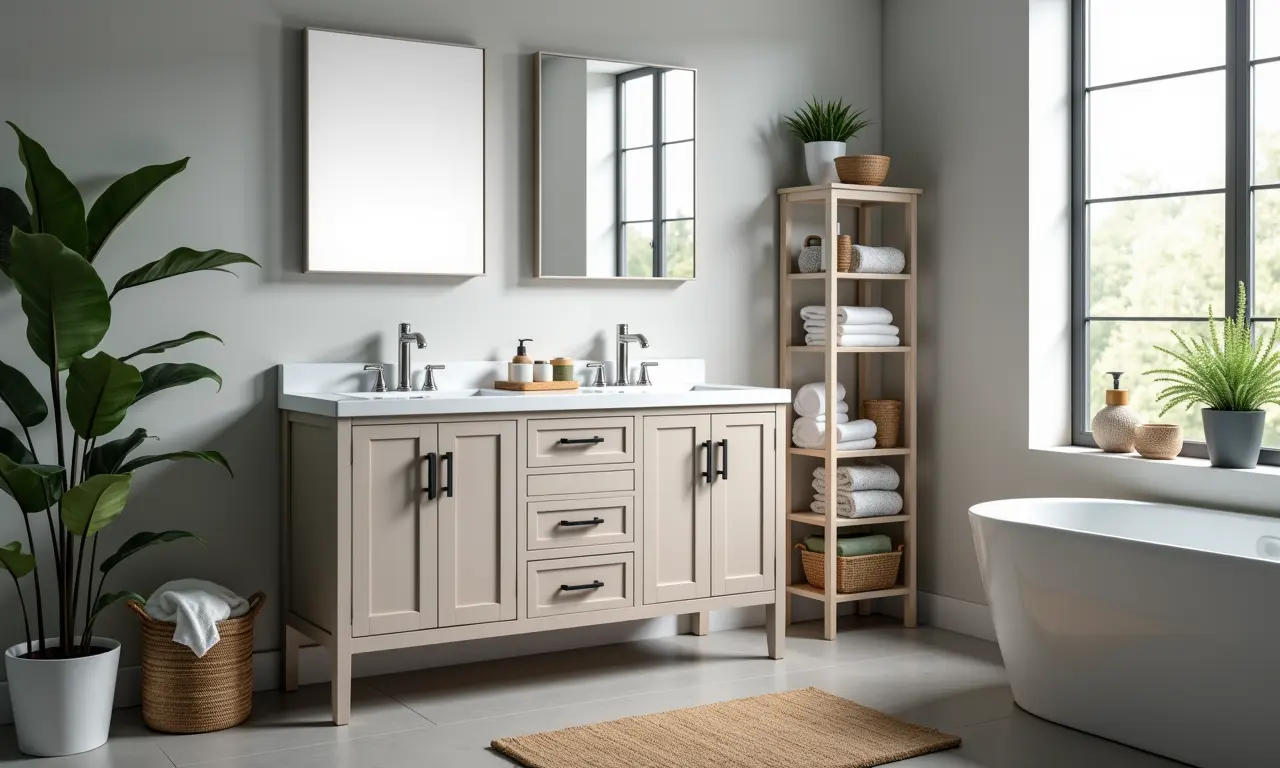 Banheiro funcional com armário cheio de gavetas e compartimentos.