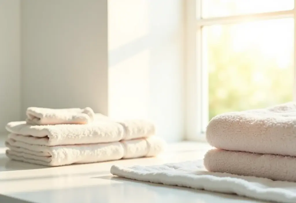 Banheiro iluminado com toalhas macias e felpudas dobradas