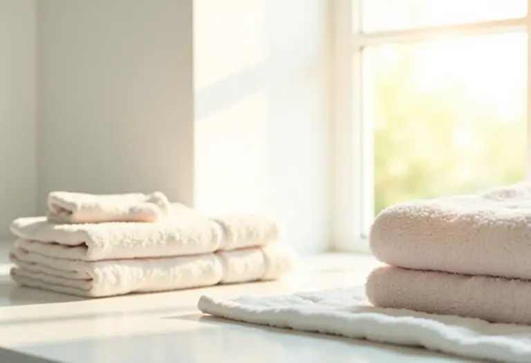 Banheiro iluminado com toalhas macias e felpudas dobradas