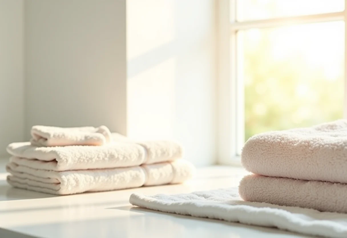 Banheiro iluminado com toalhas macias e felpudas dobradas