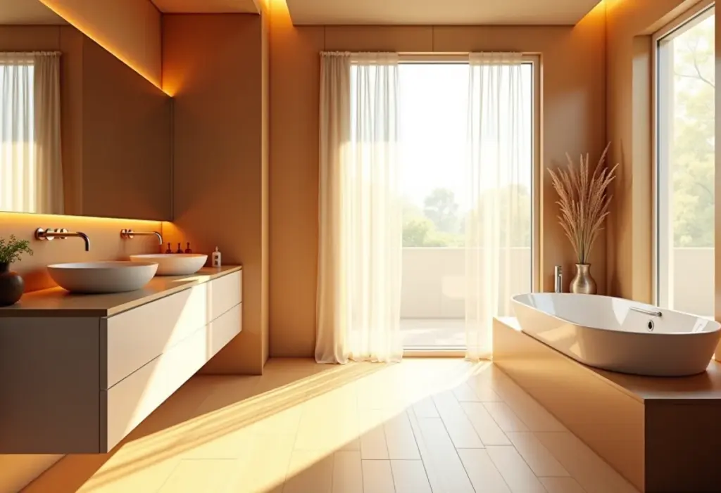 Banheiro com detalhes em madeira: o toque de luxo que você merece Banheiro luxuoso com detalhes em madeira e iluminação natural