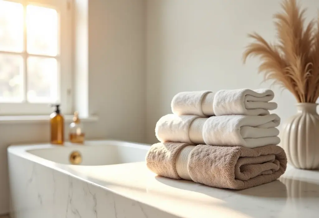 Banheiro luxuoso com toalhas macias e bem dobradas.