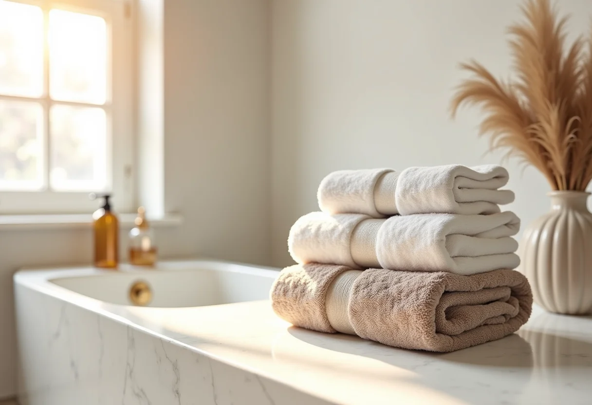 Banheiro luxuoso com toalhas macias e bem dobradas.