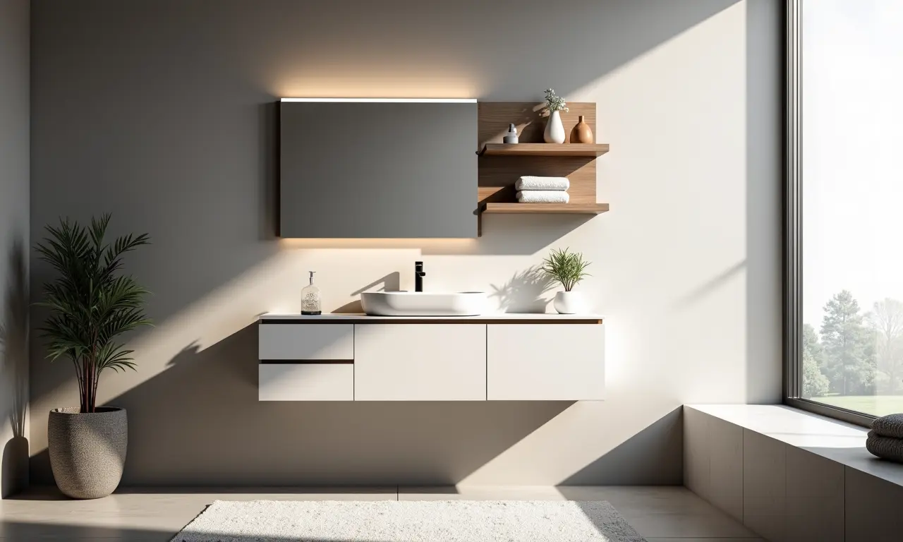 Banheiro moderno com armário suspenso e design elegante.