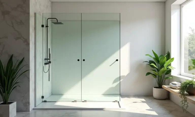 Banheiro moderno com box até o teto em vidro e design minimalista.