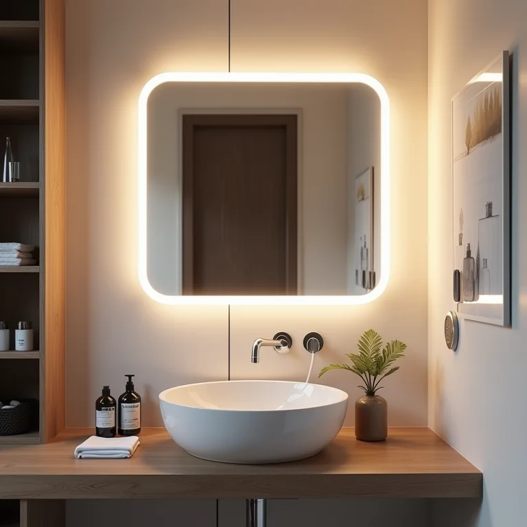 Banheiro moderno com espelho destacado por fitas de LED