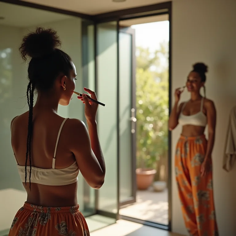 Banheiro moderno com porta de correr de vidro e mulher indígena.