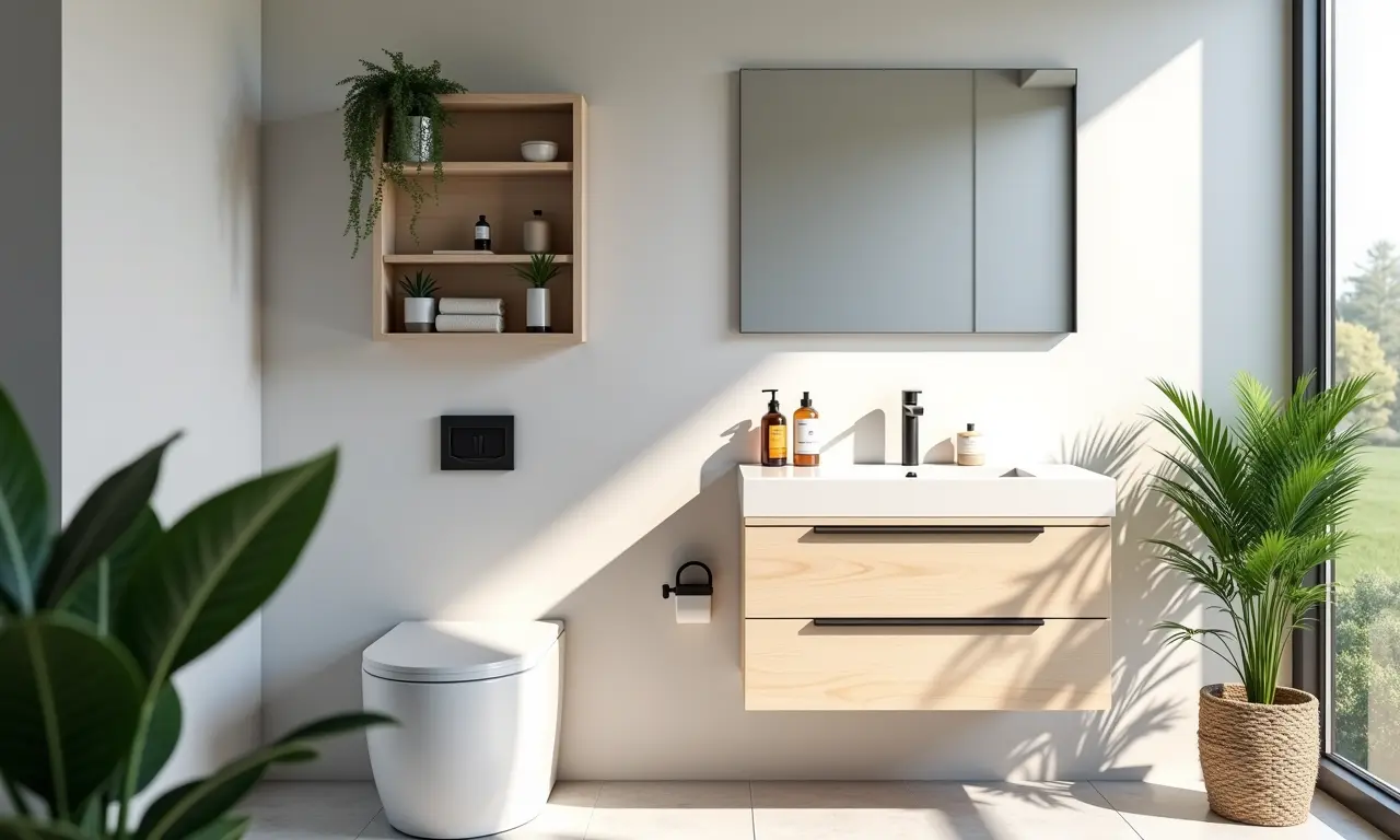 Banheiro otimizado com armário compacto e armazenamento inteligente.