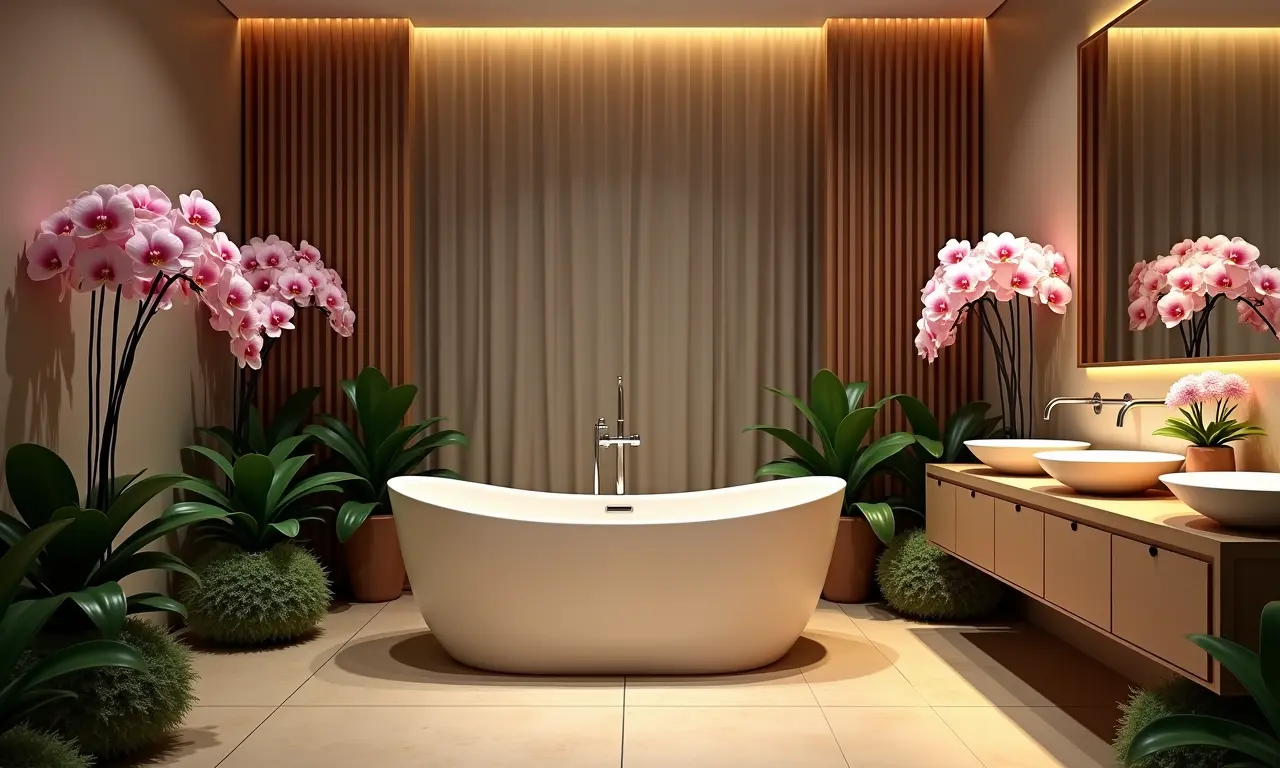 Banheiro relaxante decorado com orquídeas e samambaias artificiais.
