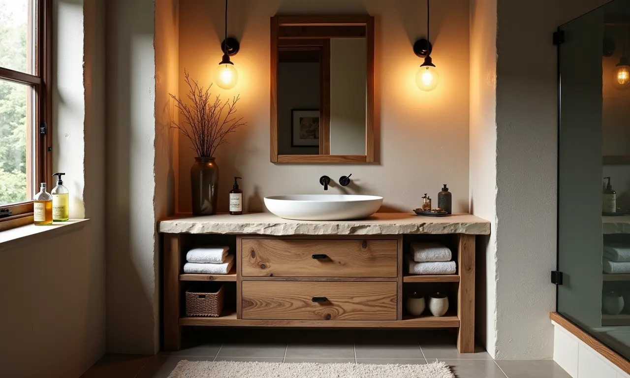 Banheiro rústico com armário de madeira reciclada e pedra natural.