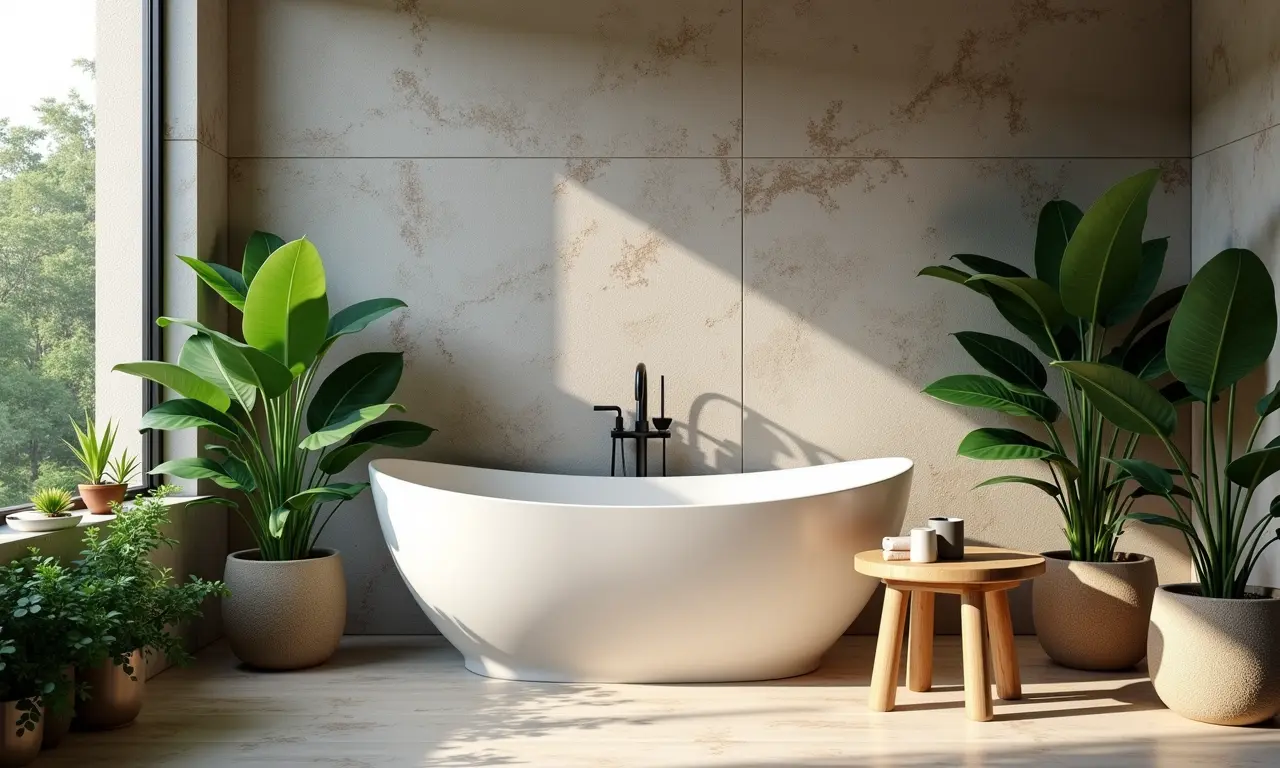 Banheiro rústico com parede de pedra natural, banheira e plantas verdes.