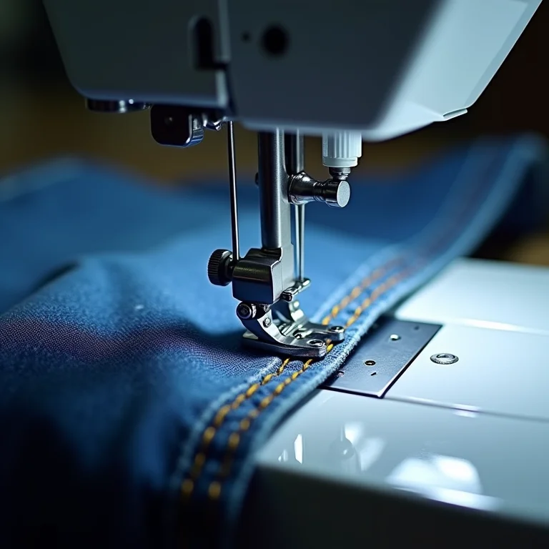 Barra de calça sendo feita na máquina de costura