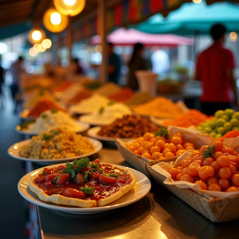 Barracas de comida diversificadas em um mercado do Queens.