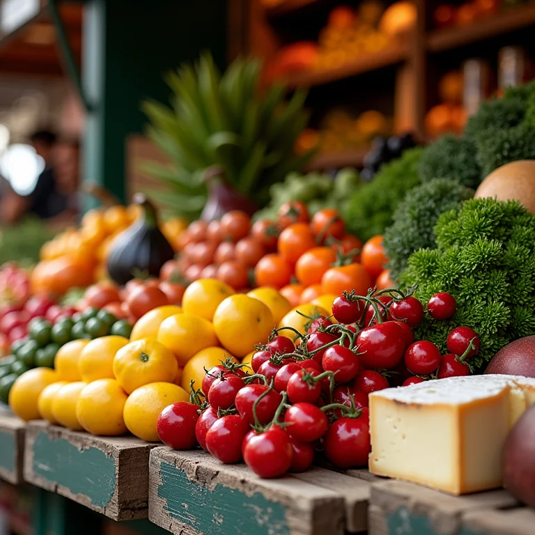 Barracas de frutas e outros alimentos frescos no Mercado de San Miguel, Madrid.