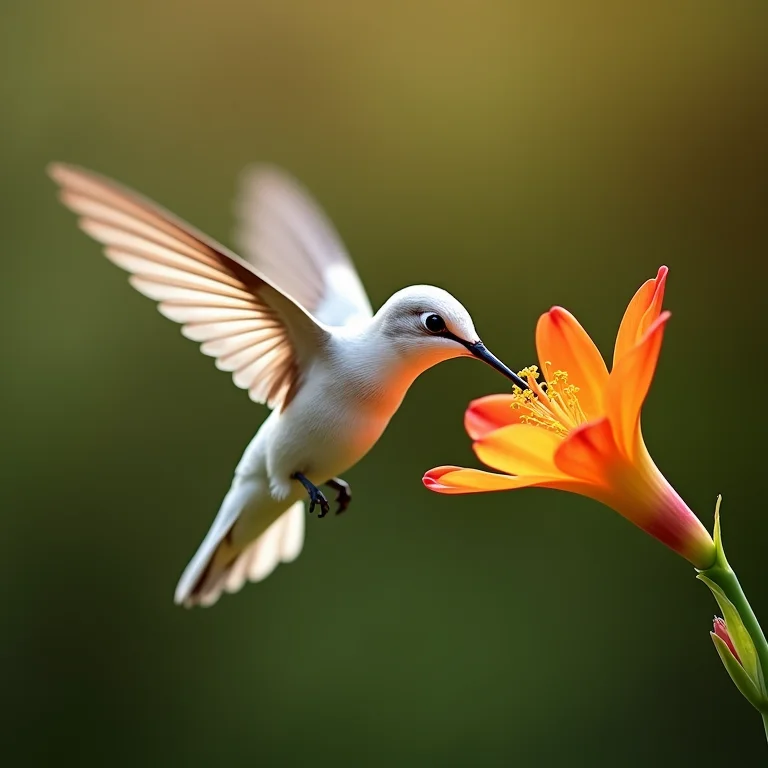 Beija-flor albino raro em voo.