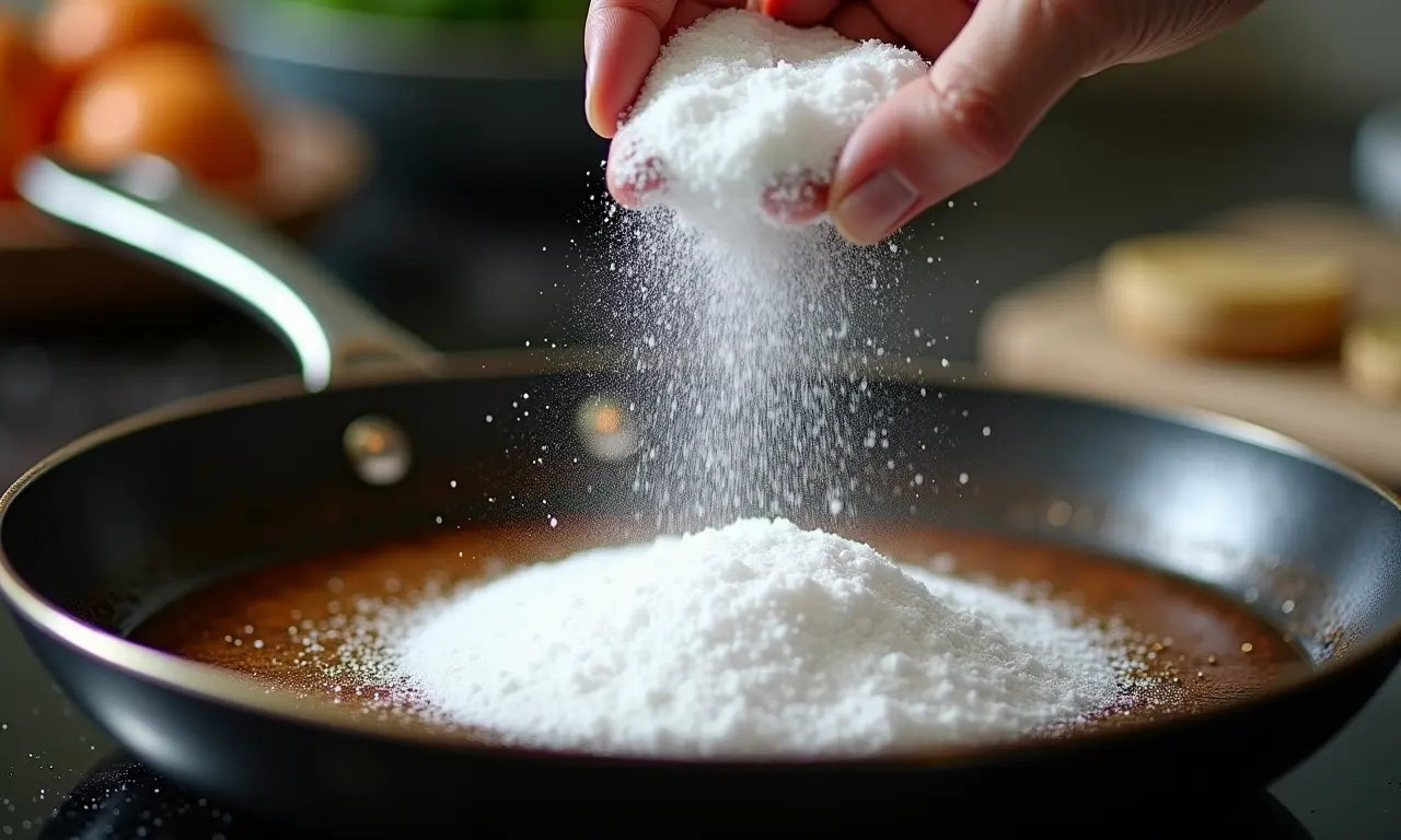 Bicarbonato de sódio sendo polvilhado em panela engordurada em cozinha.