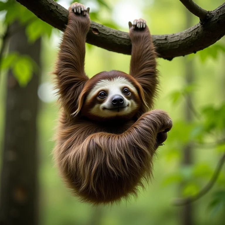 Bicho-preguiça pendurado em um galho
