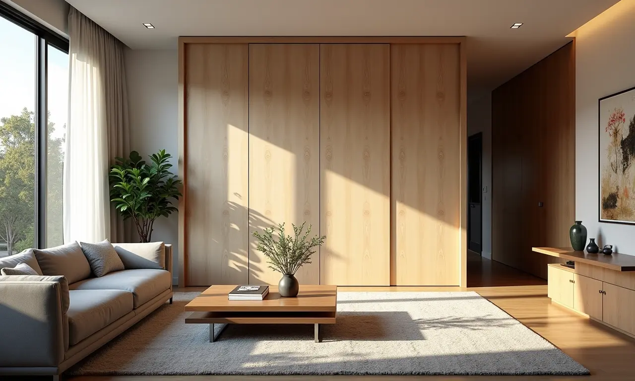 Biombo multifuncional dividindo espaço em um apartamento moderno.