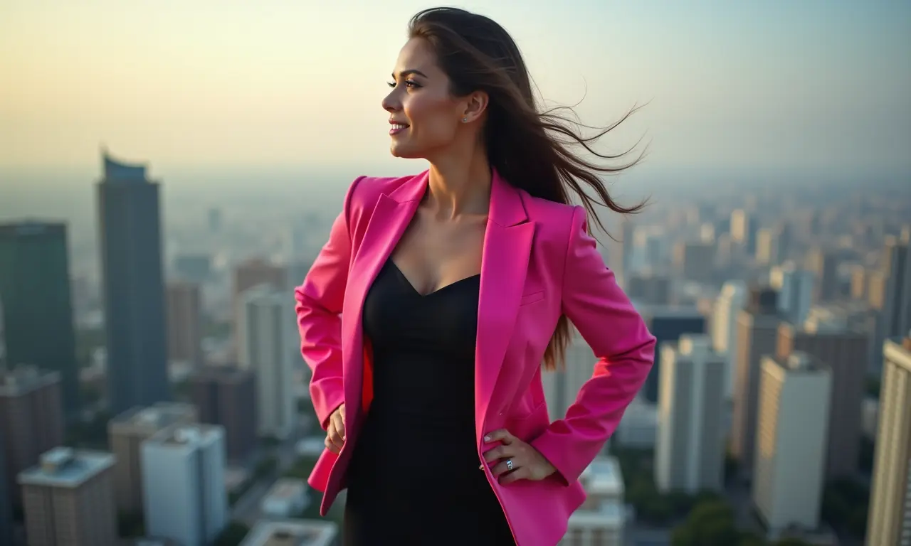 Blazer rosa e vestido preto para um look de negócios com contraste marcante.