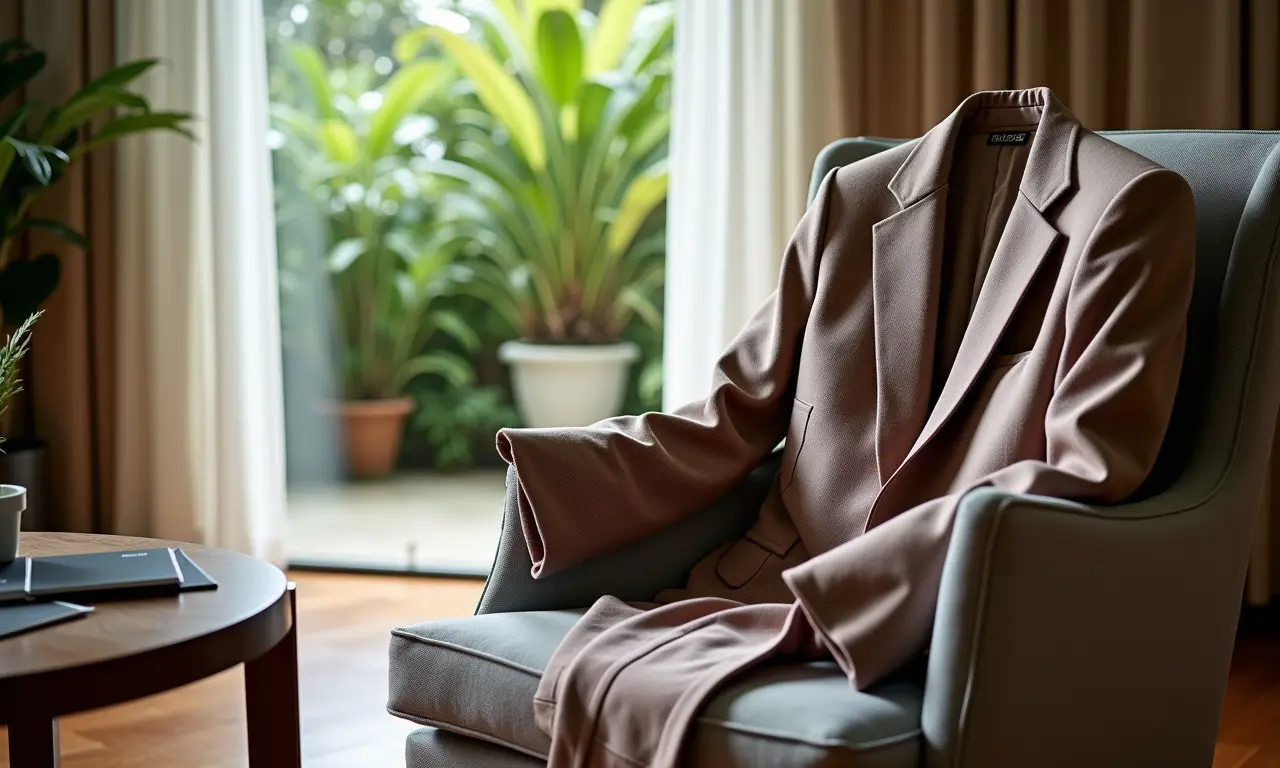 Blazer versátil jogado sobre uma cadeira em casa brasileira estilosa.