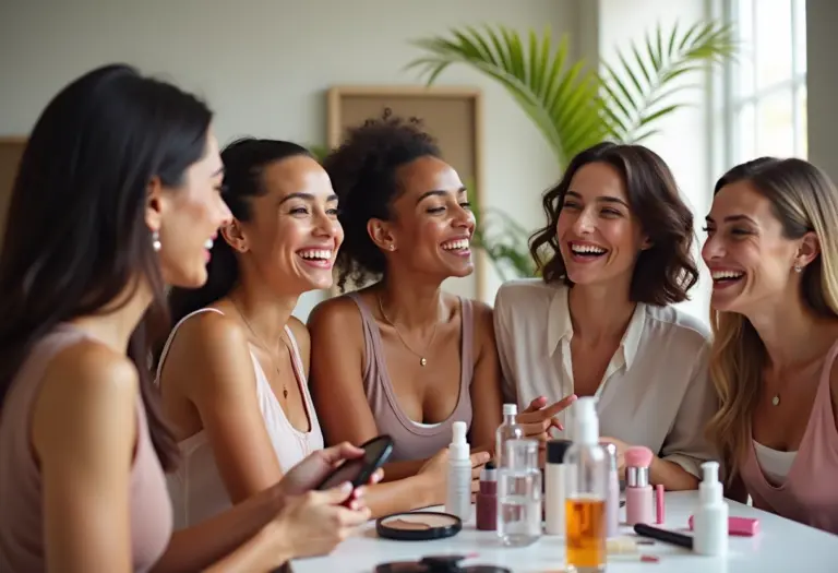 Blogueiras de beleza diversas colaborando em estúdio moderno.