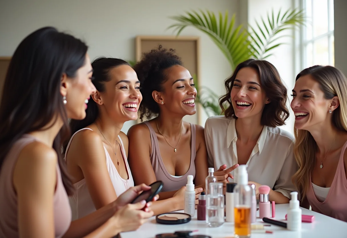 Blogueiras de beleza diversas colaborando em estúdio moderno.