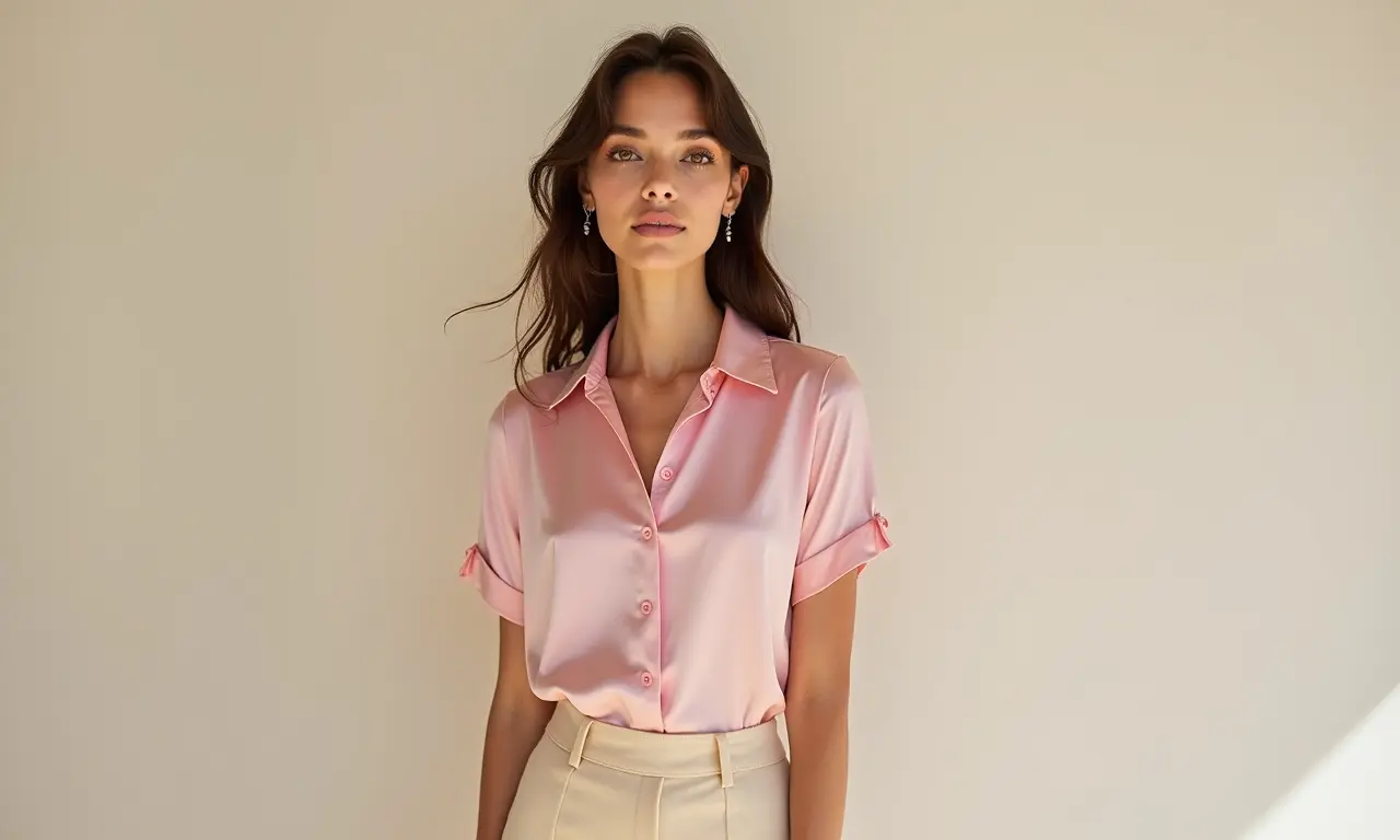 Blusa de seda rosa e saia bege para um look sofisticado e delicado.