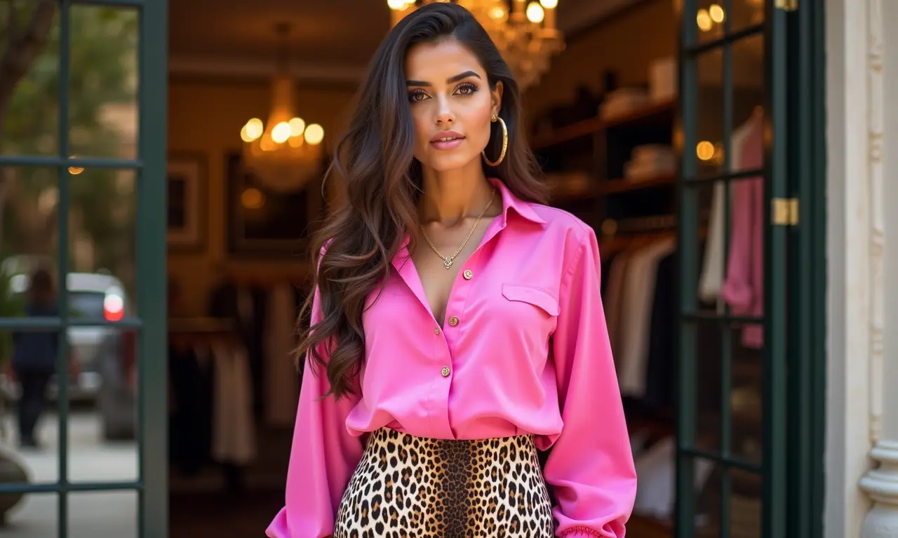 Blusa rosa e saia com estampa animal para um look ousado e moderno.