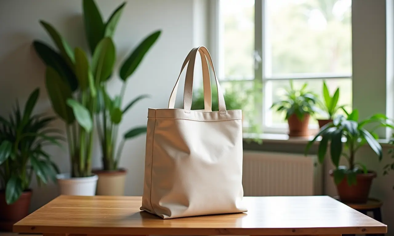 Bolsa tote prática sobre mesa de madeira em sala iluminada com plantas.
