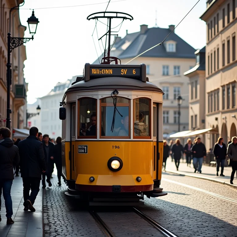 Bonde vintage circulando pelo centro de Tallinn.