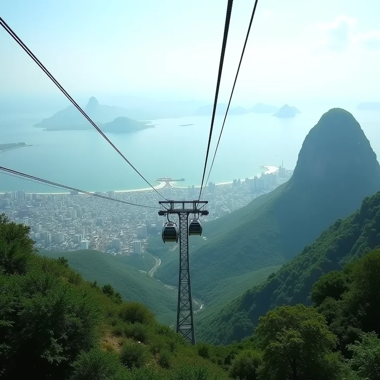 Bondinho subindo o Pão de Açúcar com a Baía de Guanabara ao fundo