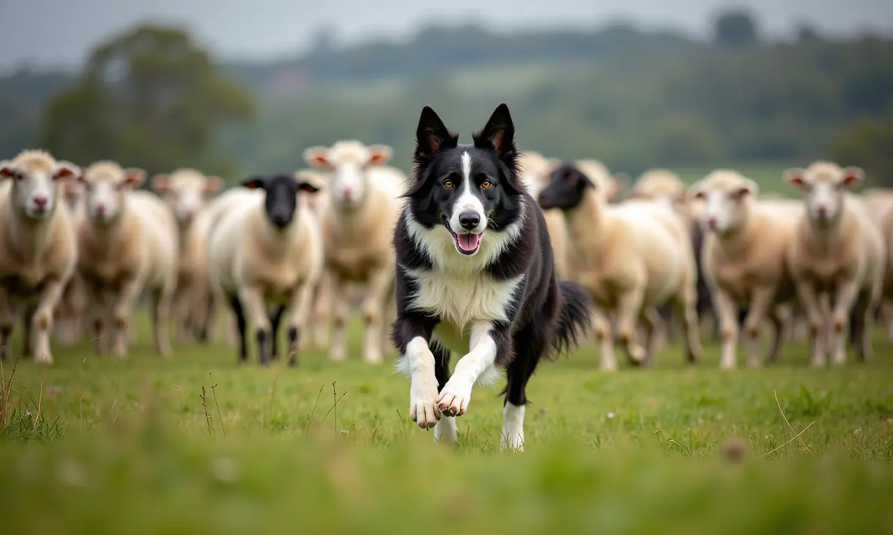Border Collie pastoreando ovelhas em campo verde, demonstrando inteligência e agilidade.