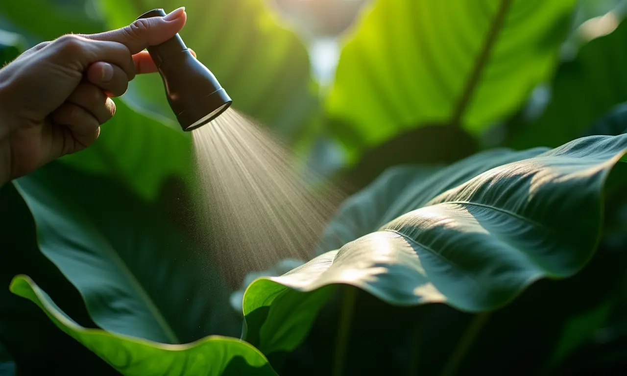 Borrifando água nas folhas de um Lírio da Paz para aumentar a umidade.