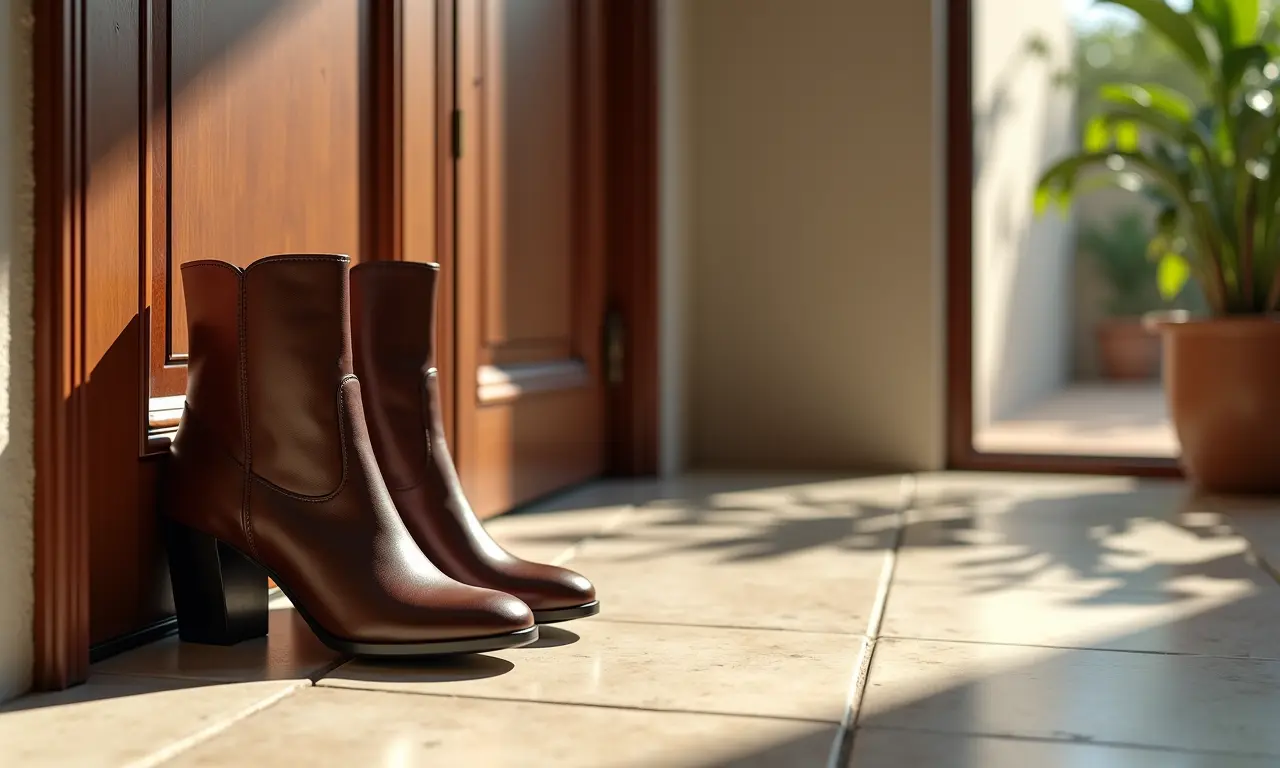 Bota de cano curto estilosa ao lado da porta em entrada de casa brasileira.