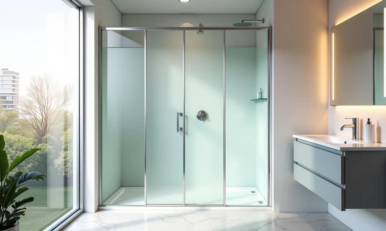 Box até o teto com vidro fosco para privacidade no banheiro.