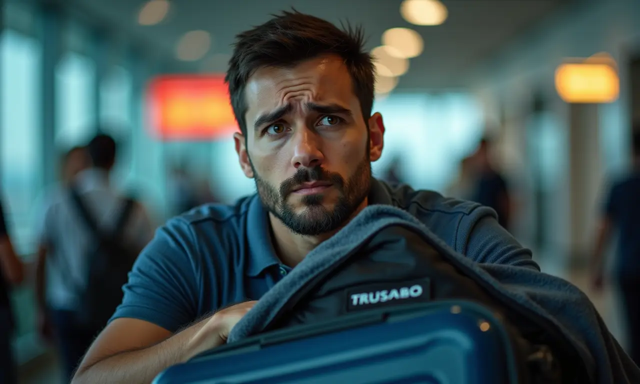 Brasileiro preocupado na alfândega por exceder o limite de compras.