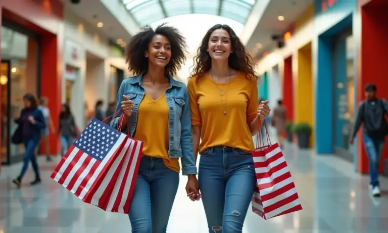 Brasileiros aproveitando compras nos EUA, com sacolas e bandeiras americanas.